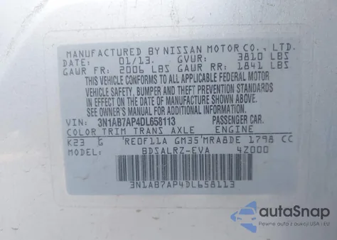 2013 Nissan Sentra Sr z USA, uszkodzony, nr VIN 3N1AB7AP4DL658113